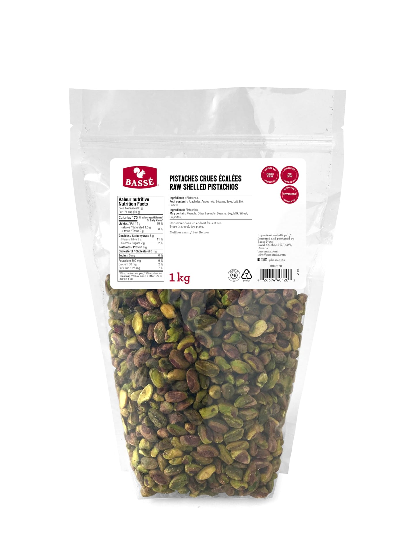 Bassé Raw Pistachios, 1 kg - California-Grown Shelled Kernels, Kosher, Unsalted & Unroasted