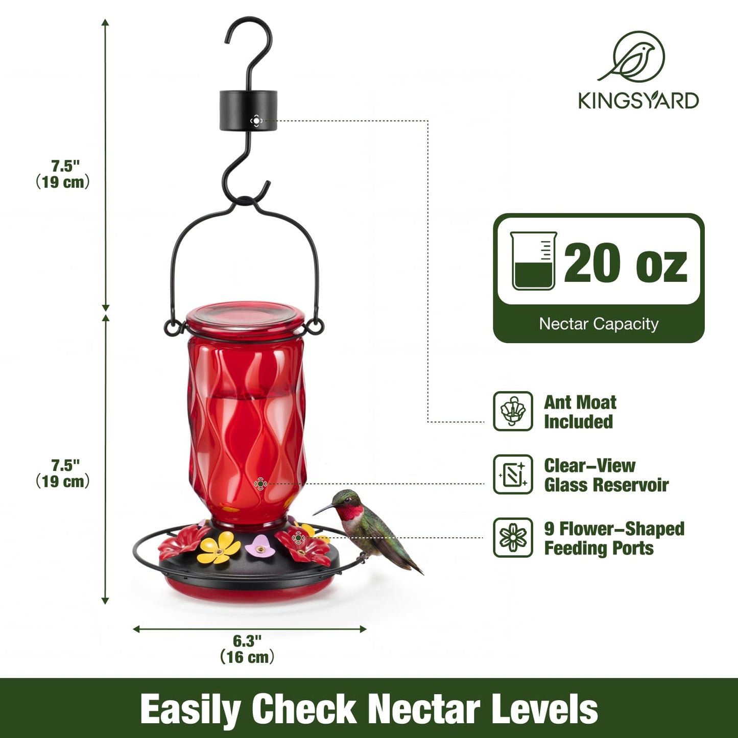 Kingsyard Glass Hummingbird Feeder for Outdoors Hanging, 20 oz Leak-Proof Hummingbird Feeders with 9 Bee Proof Feeding Ports & Ant Moat, Easy to Clean and Refill (Red)