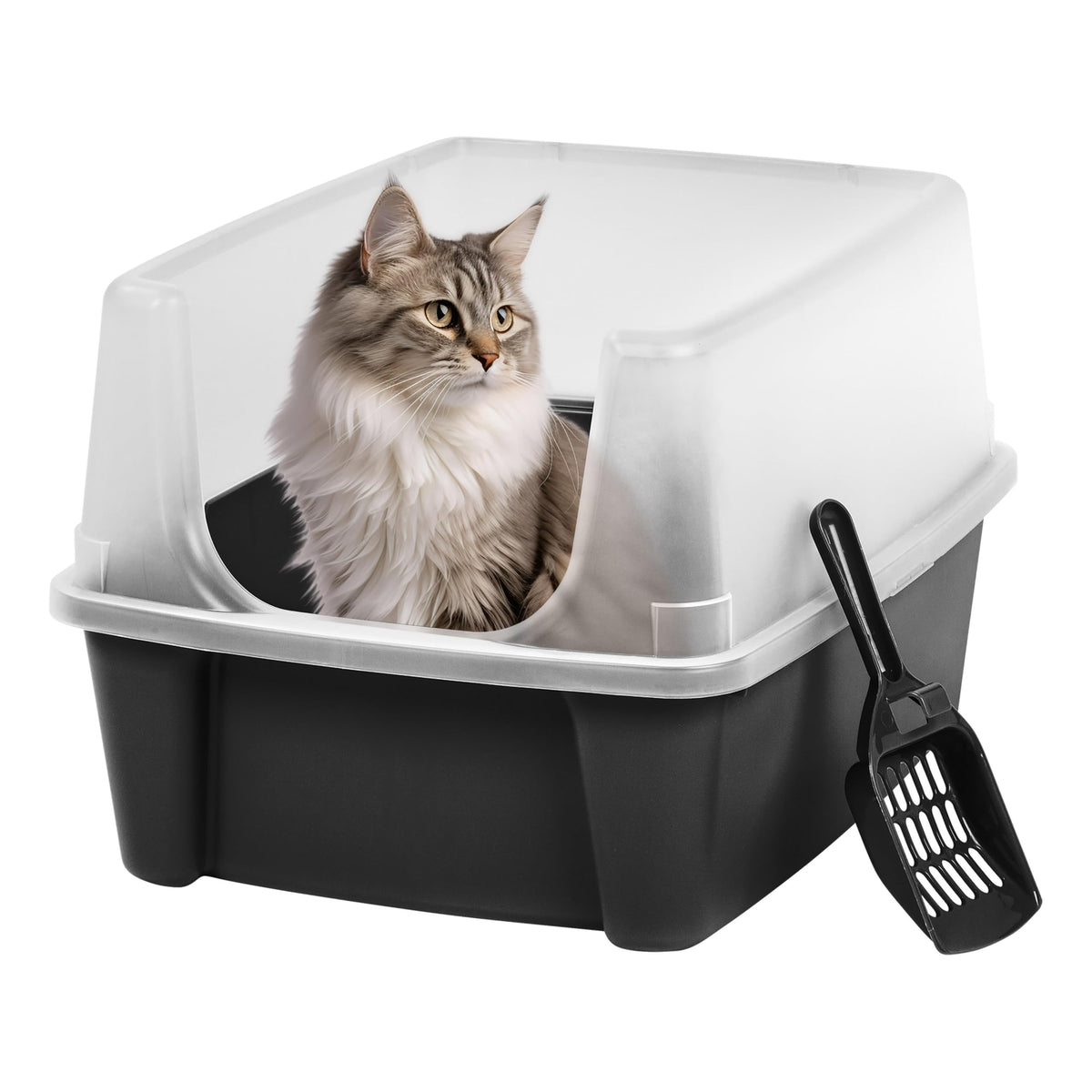 IRIS USA Large Cat Litter Box, Open Top High Sided Pan with Scoop, Black