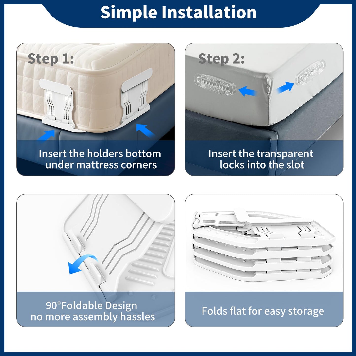 AMOVO Bed Sheet Holders for Corners Keep Sheets in Place Firmly - Foldable Fitted Sheet Holders Heavy Duty Sheet Locks Mattress Sheet Fasteners, Set of 4 Lock Sheet Clips (White) - Available at All In One Marketplace Canada