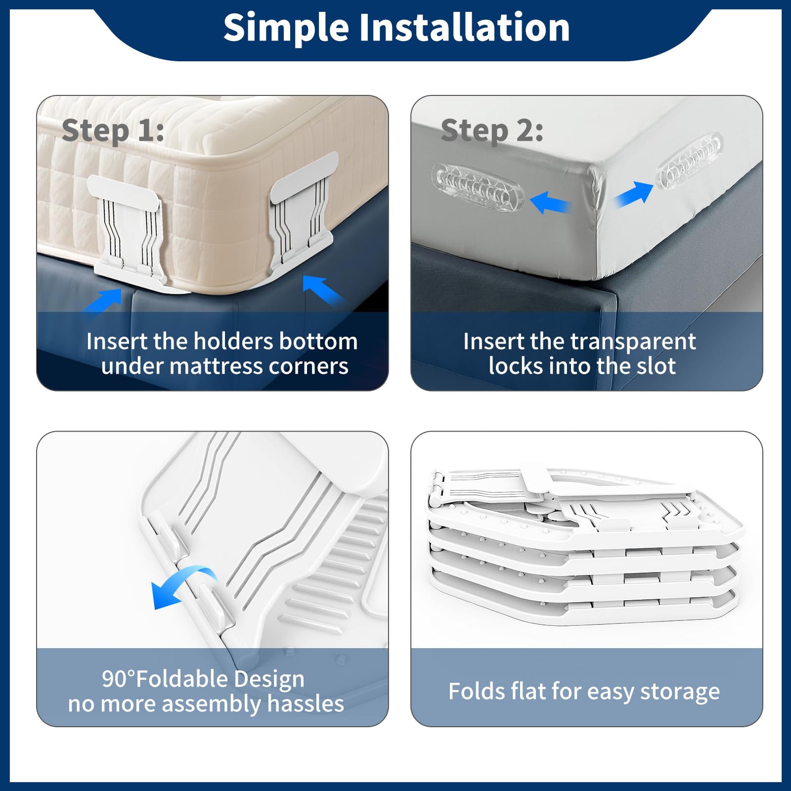 AMOVO Bed Sheet Holders for Corners Keep Sheets in Place Firmly - Foldable Fitted Sheet Holders Heavy Duty Sheet Locks Mattress Sheet Fasteners, Set of 4 Lock Sheet Clips (White) - Available at All In One Marketplace Canada
