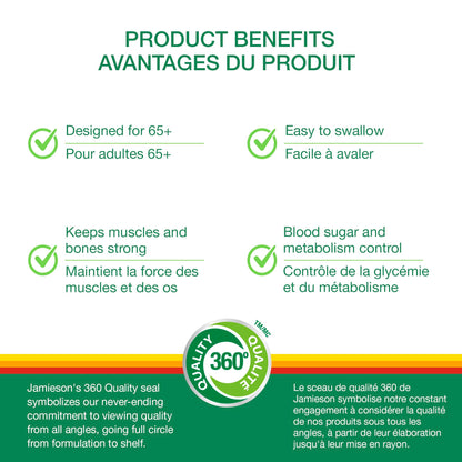 Jamieson 100% Complete Multivitamin Platinum for Adults 65+, 115 Mini Caplets. With Lycopene, Lutein and Additional Immune Support. Supports Energy, Eye Health, Bone, and Overall Health, One Per Day - Available at All In One Marketplace Canada