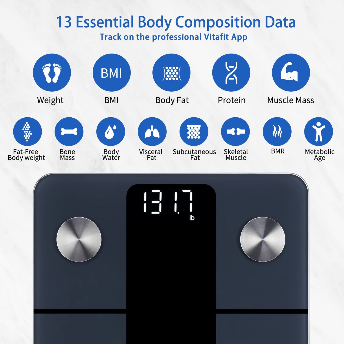 Vitafit Smart Weight Scale, High Accuracy 0.1lb by Our Professional Factory Since 2001, Scale Body Weight App Sync 13 Body Composition with BMI, Body Fat and Muscle, 400lb, LED, Black - Available at All In One Marketplace Canada