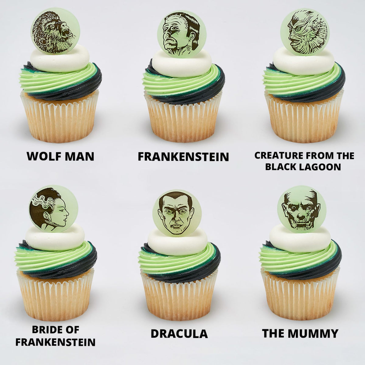 24 anneaux à cupcakes phosphorescents Monstres Universal, décorations de cupcakes d'Halloween, incluant Dracula, Frankenstein, le Loup-garou, la Momie, l'Homme invisible, décorations de gâteaux adaptées au contact alimentaire – Lot de 24