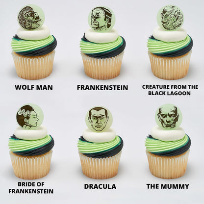 24 anneaux à cupcakes phosphorescents Monstres Universal, décorations de cupcakes d'Halloween, incluant Dracula, Frankenstein, le Loup-garou, la Momie, l'Homme invisible, décorations de gâteaux adaptées au contact alimentaire – Lot de 24