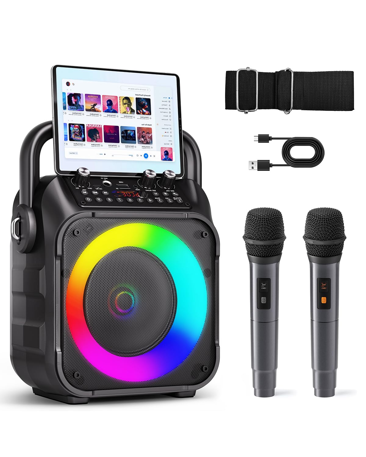 Karaoke Machine for Adults Kids, Portable Bluetooth Karaoke Speaker with 2 Wireless Microphones System with Lights, PA System for Home Party Supports USB/TF/REC/FM/AUX(No Screen Included)