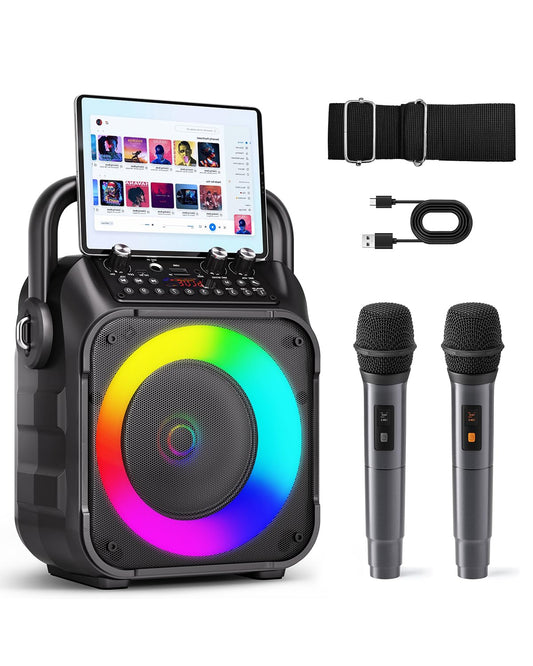 Karaoke Machine for Adults Kids, Portable Bluetooth Karaoke Speaker with 2 Wireless Microphones System with Lights, PA System for Home Party Supports USB/TF/REC/FM/AUX(No Screen Included)