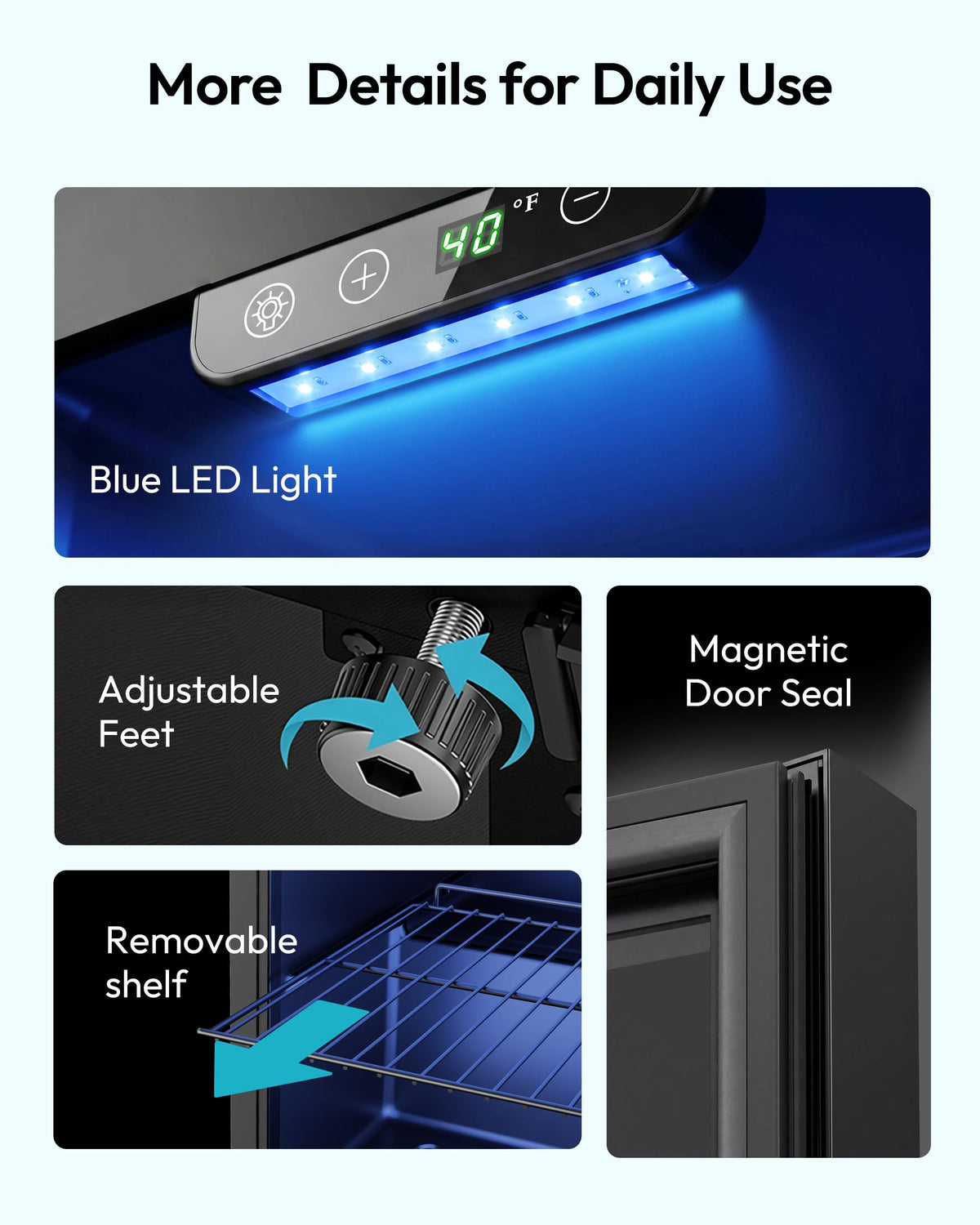 EUHOMY 48 Cans Beverage Refrigerator cooler-Mini Fridge Glass Door for Beer Drinks Wines, Countertop Beverage Fridge with Adjustable Shelves Blue LED for Home/Office/Dorm/Bar, 1.3 cu.ft