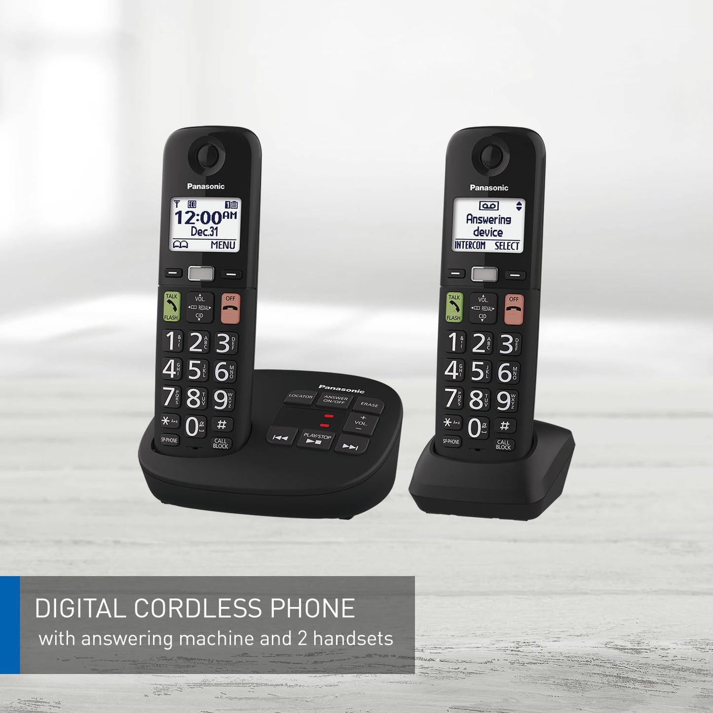 Panasonic Cordless Phone, Easy to Use with Large Display and Big Buttons, Flashing Favourites Key, Call Block, 2 Cordless Handsets - KX-TGU122CB (Black) Panasonic