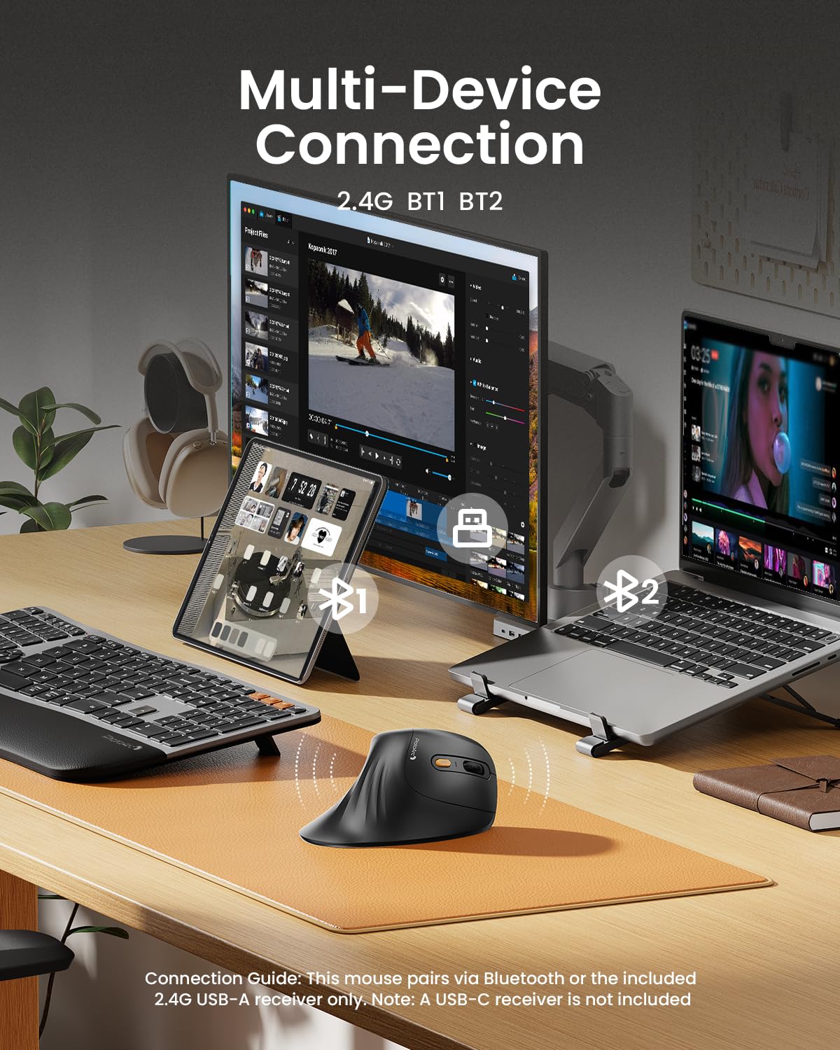 ProtoArc Ergonomic Vertical Mouse, EM11 NL Bluetooth Mouse Wireless Rechargeable Mice with 3 Devices (Bluetooth or USB), Vertical Wireless Mouse for Computer, iPad, Mac, Windows (Black) - Available at All In One Marketplace Canada