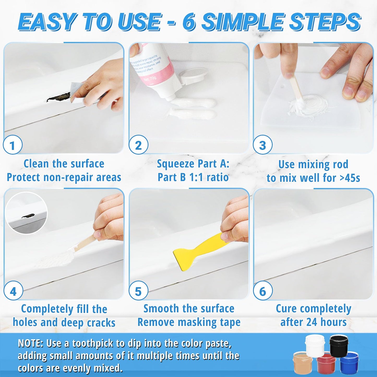 Bathtub Repair Kit 140g (Color Match), TUFINEIN Porcelain Repair Kit for Fiberglass, Enamel, Ceramic, Acrylic Repair and Fix Chips, Cracks, Scratches, Holes on Tub/Tile/Sink/Shower Tray/Shower - Available at All In One Marketplace Canada