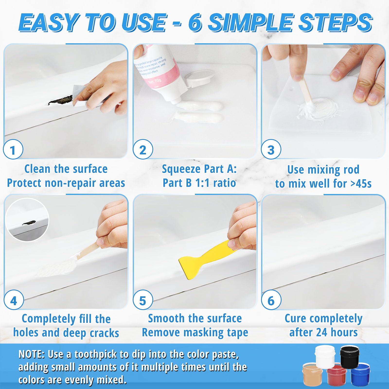 Bathtub Repair Kit 140g (Color Match), TUFINEIN Porcelain Repair Kit for Fiberglass, Enamel, Ceramic, Acrylic Repair and Fix Chips, Cracks, Scratches, Holes on Tub/Tile/Sink/Shower Tray/Shower - Available at All In One Marketplace Canada