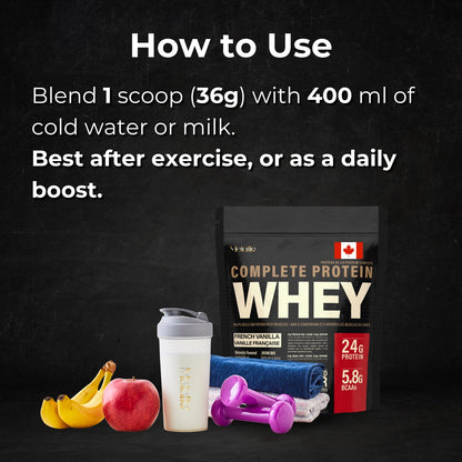 MetaLife Complete Whey Protein Powder – 24g Protein, 5.8g BCAAs, Sugar-Free, Gluten-Free, 714g (21 Servings) – French Vanilla