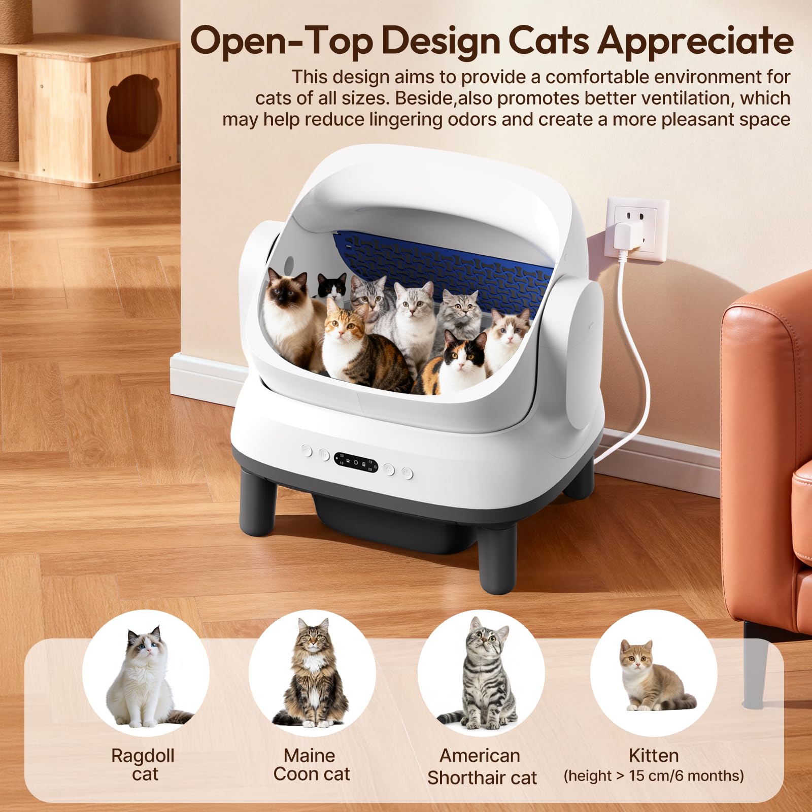 Happypaw Open-Top Self Cleaning Litter Box - Large Capacity Automatic Litter Box for Multiple Cats with Safety Protection, App Control, Odor-Free, Anti-Leakage Material, Includes Trash Bags - Available at All In One Marketplace Canada
