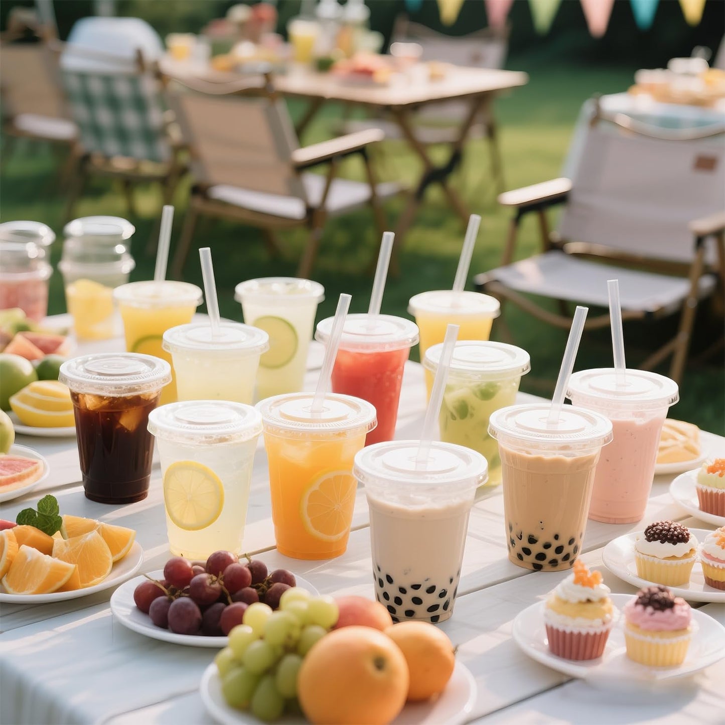 Joyeux 100 Pack 16 oz Clear Plastic Cups with Lids and Straws - Disposable Iced Coffee Cups for Matcha, Milkshakes, Smoothies and to go Drinks - Available at All In One Marketplace Canada