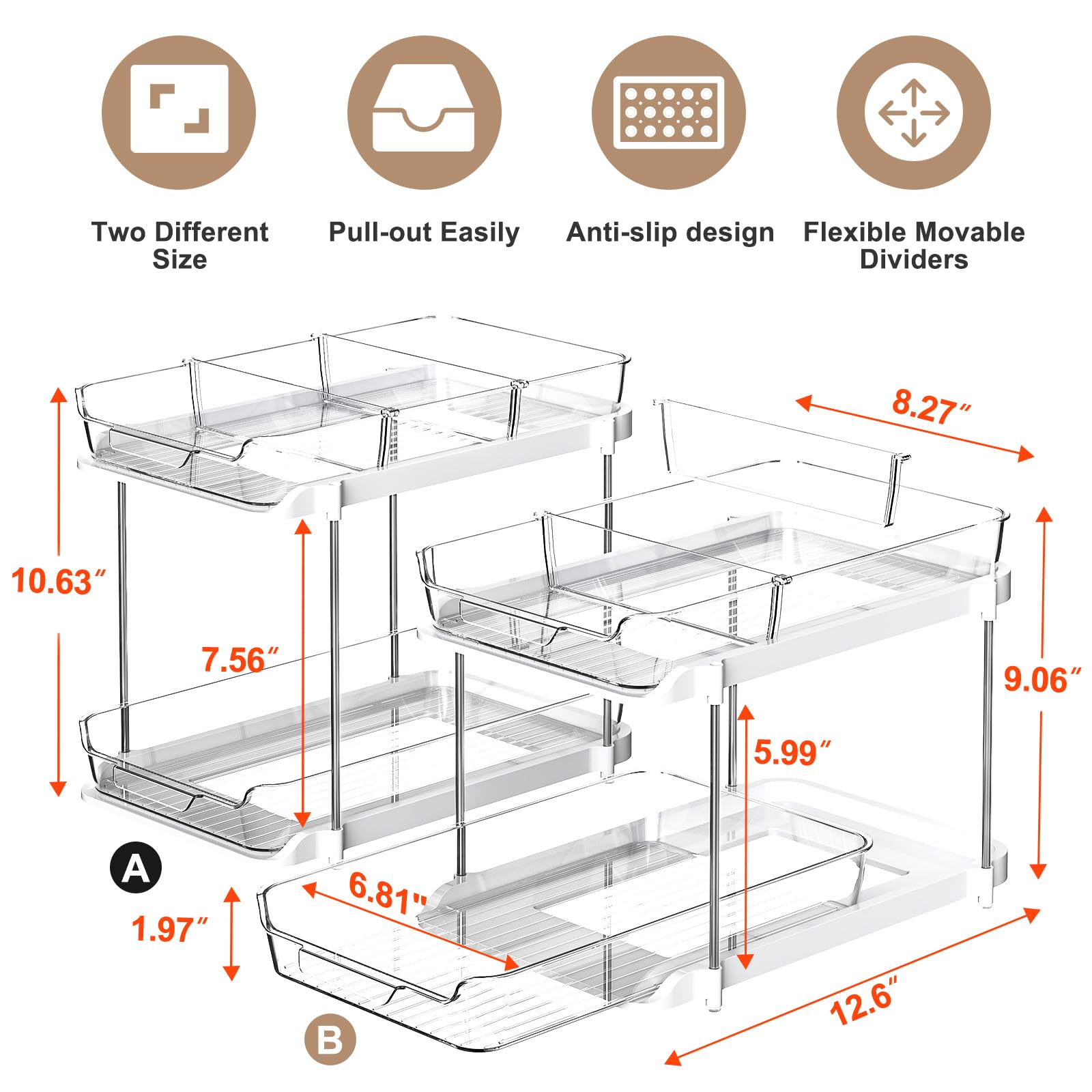Delamu 2-Tier Multi-Purpose Bathroom Under Sink Organizers and Storage, Stackable Kitchen Pantry Organization, Pull Out Medicine Cabinet Organizer with Movable Dividers, White, 2 Pack - Available at All In One Marketplace Canada