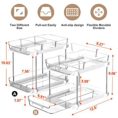 Delamu 2-Tier Multi-Purpose Bathroom Under Sink Organizers and Storage, Stackable Kitchen Pantry Organization, Pull Out Medicine Cabinet Organizer with Movable Dividers, White, 2 Pack - Available at All In One Marketplace Canada