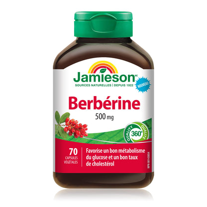 Jamieson Berberine, 500mg, Cholesterol Support, Healthy Glucose Metabolism, Non-GMO, Vegetarian, No Sugar, No Gluten, No Lactose, No Artificial Colours, Flavours, or Preservatives, 70 Capsules.