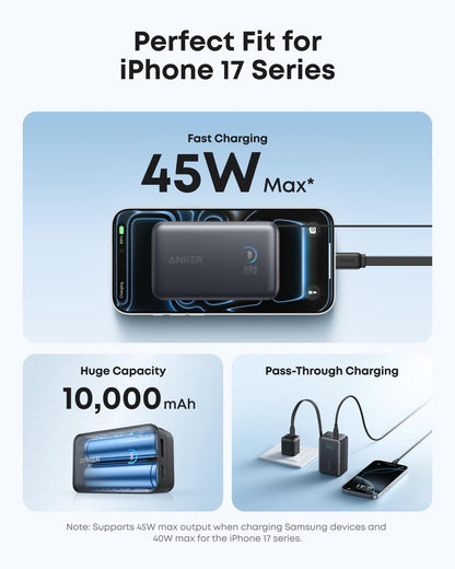 Anker Nano Power Bank, 10,000mAh Portable Charger with 2.3 ft Anker InstaCord Retractable Cable, 45W Max Compact Battery Pack, Smart Display, for iPhone 17/16 Series,iPad,Galaxy,Pixel and More (Black)