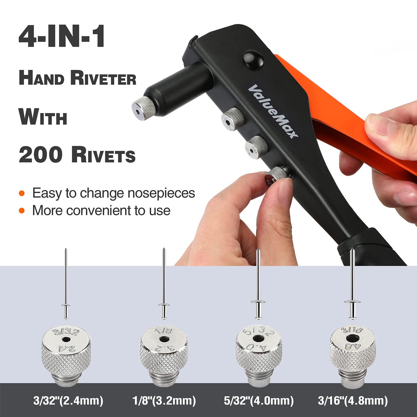 ValueMax 4-in-1 Hand Riveter/Rivet Gun, Pop Rivet Tool Kit with 200 Rivets ValueMax