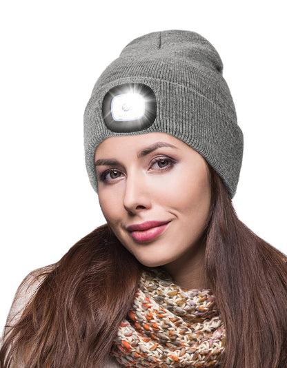 Gifts for Men, Unisex LED Beanie Hat with Light, 4 LED USB Rechargeable Hands Free Headlamp Winter Warm Knitted Cap, Flashlight Lights Hat Torch Skull Cap Women Men Gifts for Camping Hiking (Grey) 🍁 All In One Marketplace Canada
