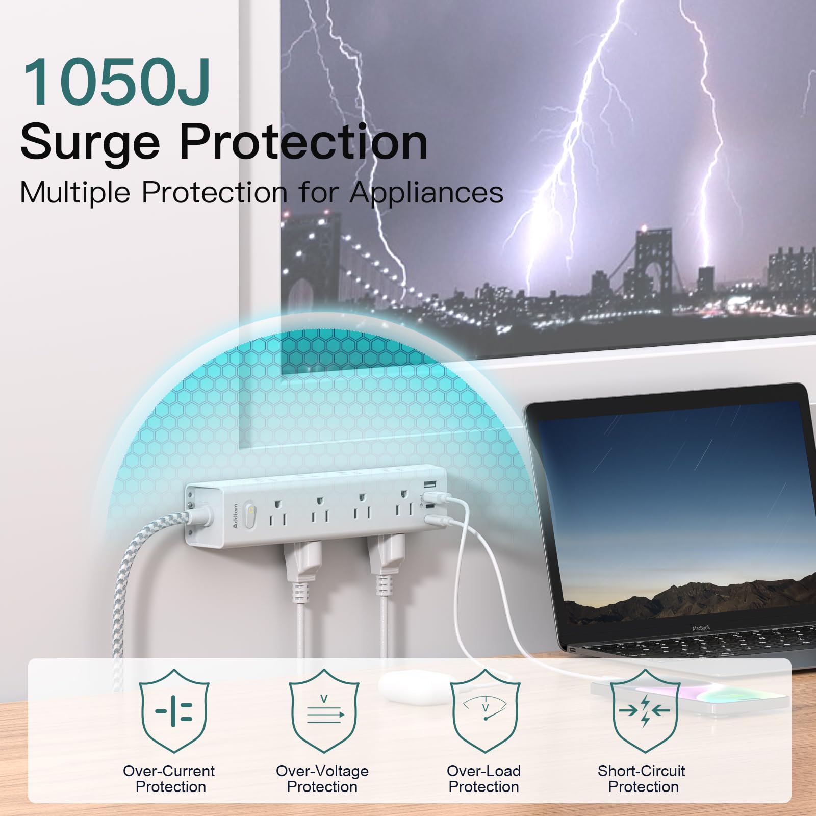 Surge Protector Power Bar - 10 FT Extension Cord, Power Strip with 12 Widely AC Outlet 4 USB, Flat Plug, Wall Mount Overload Protection, 1050J, Desk Charging Station for Dorm Home Office - Available at All In One Marketplace Canada