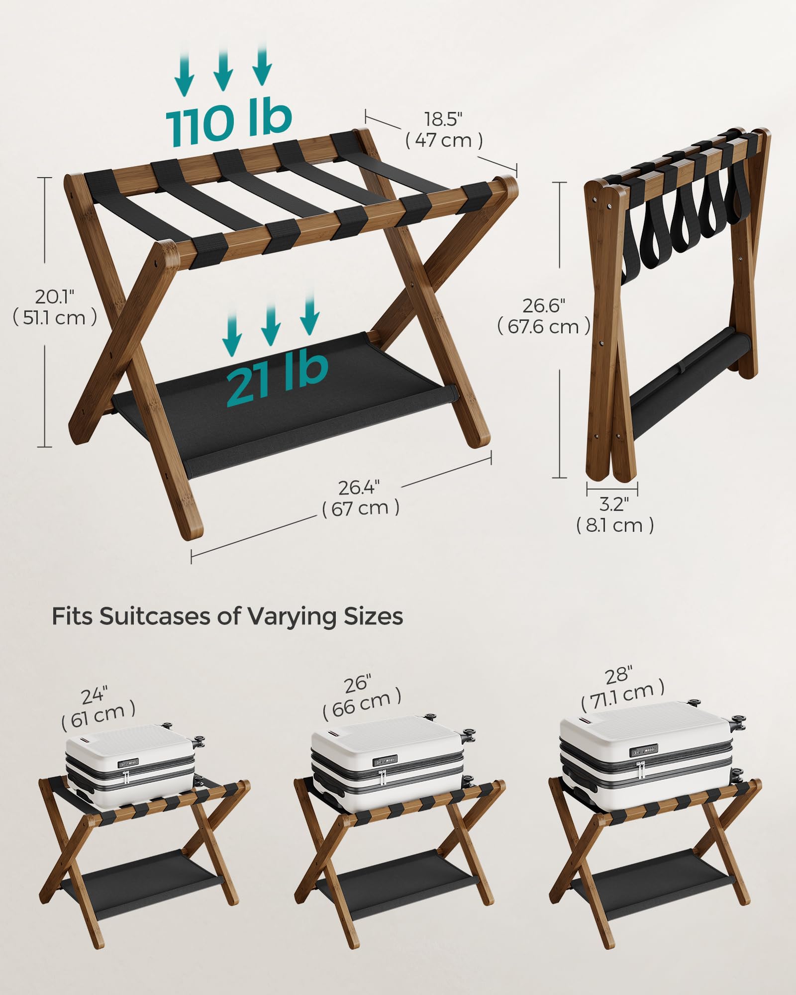 SONGMICS Luggage Rack, Bamboo Luggage Rack for Guest Room, Folding Suitcase Stand, for Hotel, Bedroom, Heavy-Duty, Holds up to 131 lb, Walnut Brown URLR007D01 SONGMICS