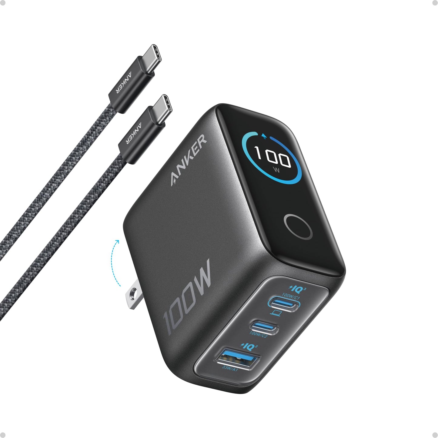 Anker Charger, 100W Max USB C Charger Block, 3-Port GaN and Ultra-Compact Wall Adapter, Smart Displayand Touch Control, for MacBook, iPad, iPhone 17/16 Series, and More (Non-Battery) (Black)