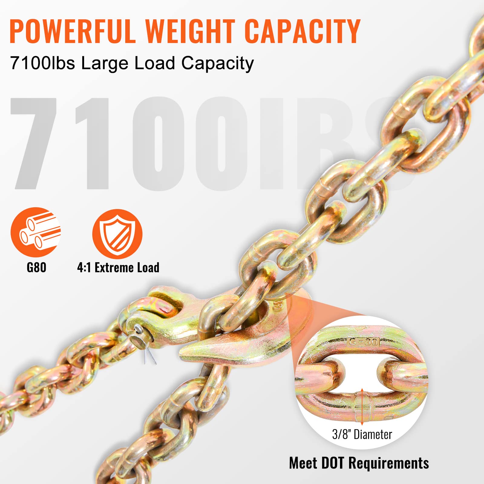 VEVOR Transport Binder Chain, 7100 lbs Working Load Limit, 3/8'' x 20' G80 Tow Chain Tie Down with Grab Hooks, DOT Certified, Galvanized Coating Manganese Steel for Dock Factory Construction Site VEVOR