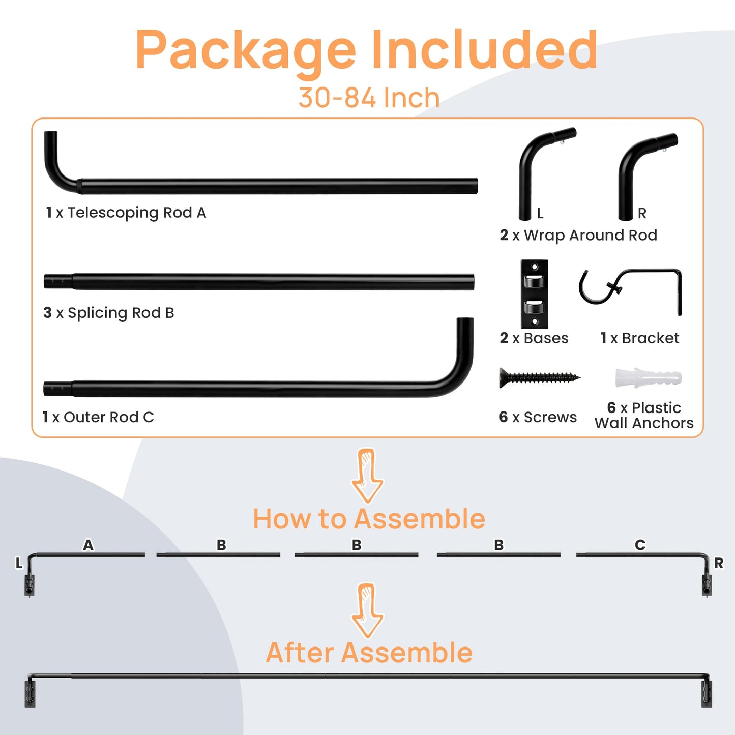 upsimples Blackout Curtain rods for windows 48 to 84 inch, Wrap Around Room Darkening Curtain Rod for Bedroom, Living Room, Adjustable from 30 to 86 Inches - Available at All In One Marketplace Canada