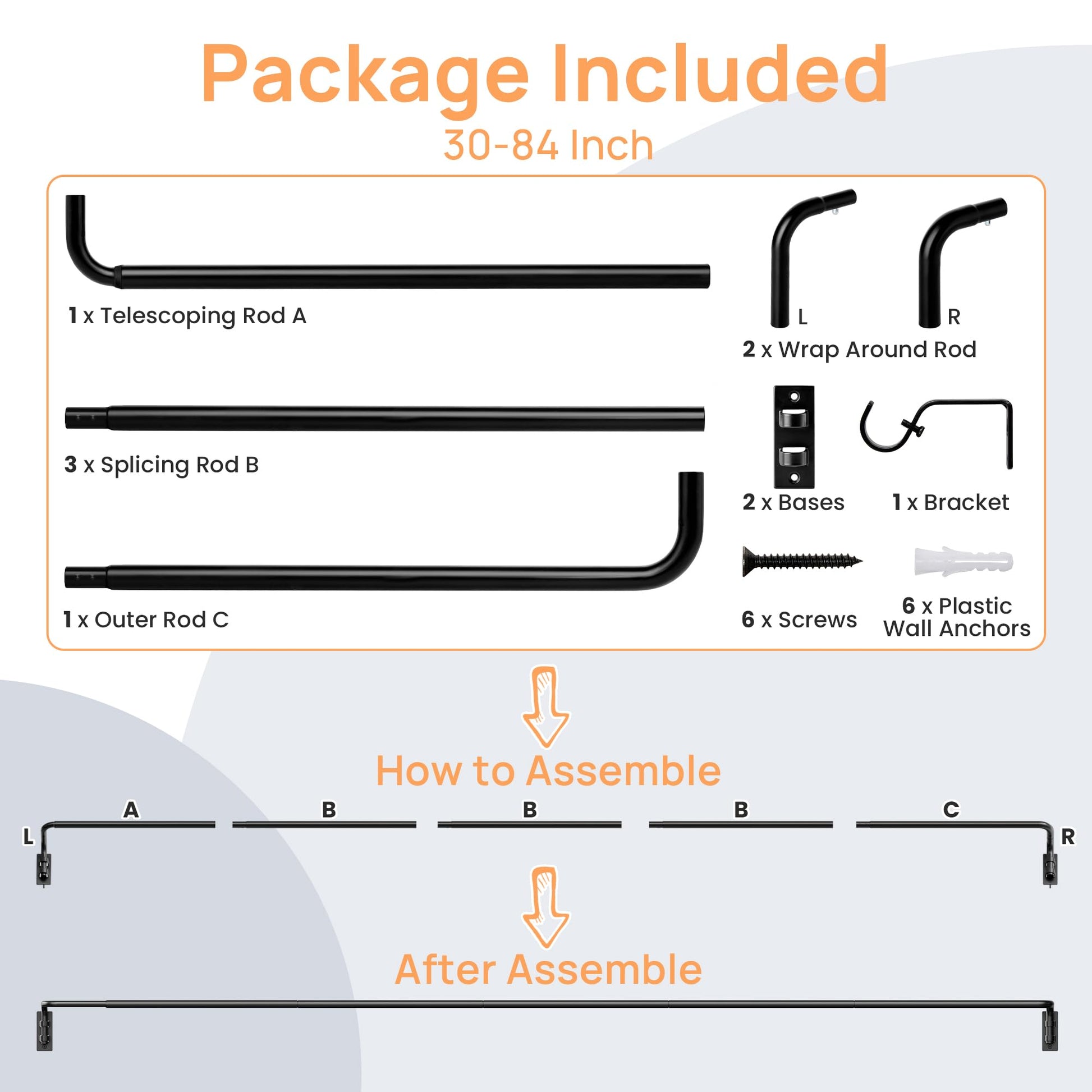 upsimples Blackout Curtain rods for windows 48 to 84 inch, Wrap Around Room Darkening Curtain Rod for Bedroom, Living Room, Adjustable from 30 to 86 Inches - Available at All In One Marketplace Canada