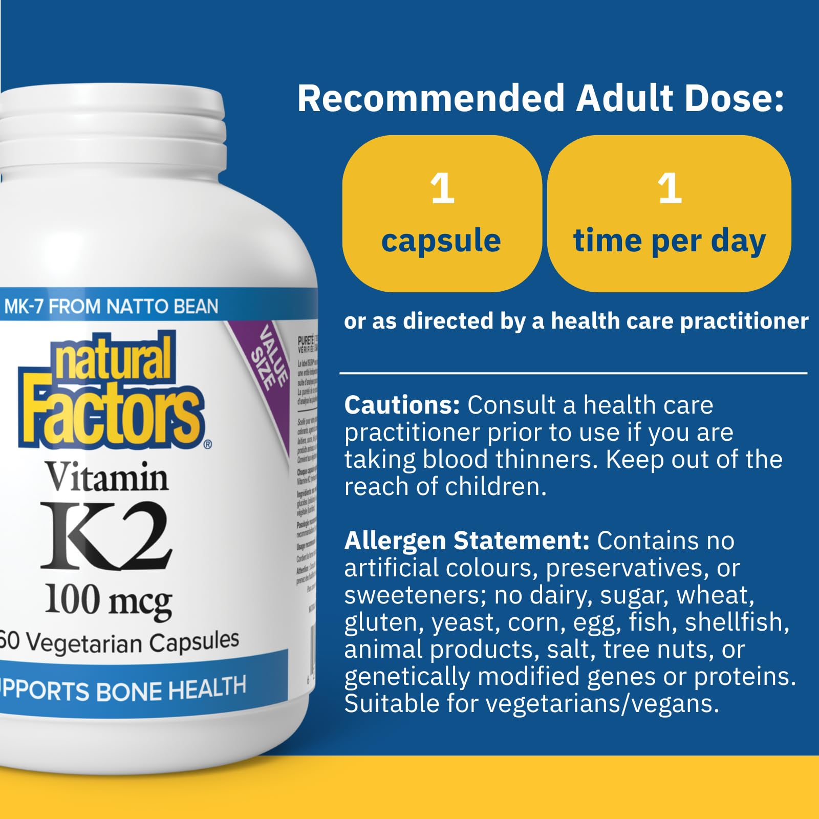 Natural Factors K2 Vitamin Supplement 100 mcg, VALUE SIZE, 360 Vegetarian Capsules, MK-7 from Natto Bean, Helps Support Bones, Vegan, Non-GMO, Proudly Canadian - Available at All In One Marketplace Canada