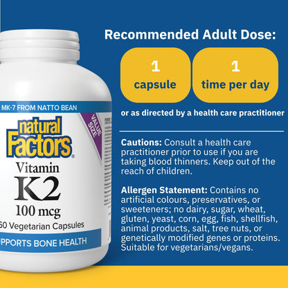Natural Factors K2 Vitamin Supplement 100 mcg, VALUE SIZE, 360 Vegetarian Capsules, MK-7 from Natto Bean, Helps Support Bones, Vegan, Non-GMO, Proudly Canadian - Available at All In One Marketplace Canada