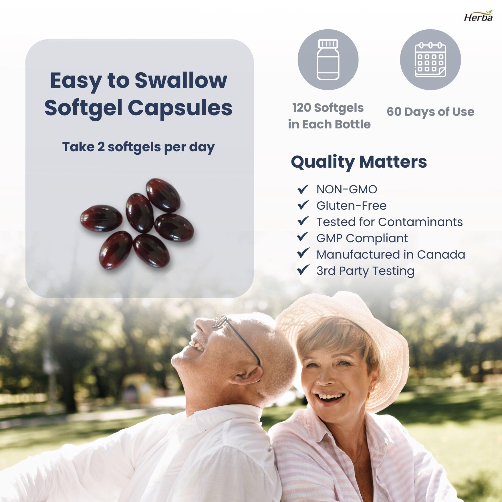 Herba Krill Oil Omega 3 Supplements - 120 Softgels | 1000mg of Antarctic Krill Oil Per Day (2 softgels 500mg each) | Source of Omega 3 Fatty Acids | High Astaxanthin | Premium Grade - 500mg per Soft Gel | Made in Canada - Available at All In One Marketplace Canada