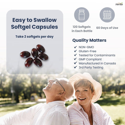 Herba Krill Oil Omega 3 Supplements - 120 Softgels | 1000mg of Antarctic Krill Oil Per Day (2 softgels 500mg each) | Source of Omega 3 Fatty Acids | High Astaxanthin | Premium Grade - 500mg per Soft Gel | Made in Canada - Available at All In One Marketplace Canada