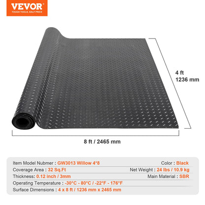VEVOR Diamond-Plate Rubber Flooring Roll, 3 mm x 4 ft x 8 ft Garage Floor Mat, SBR Rubber Flooring Roll, Easy to Clean, Diamond Plate Mat for Under Cars, Garage Industry Gym, Black VEVOR
