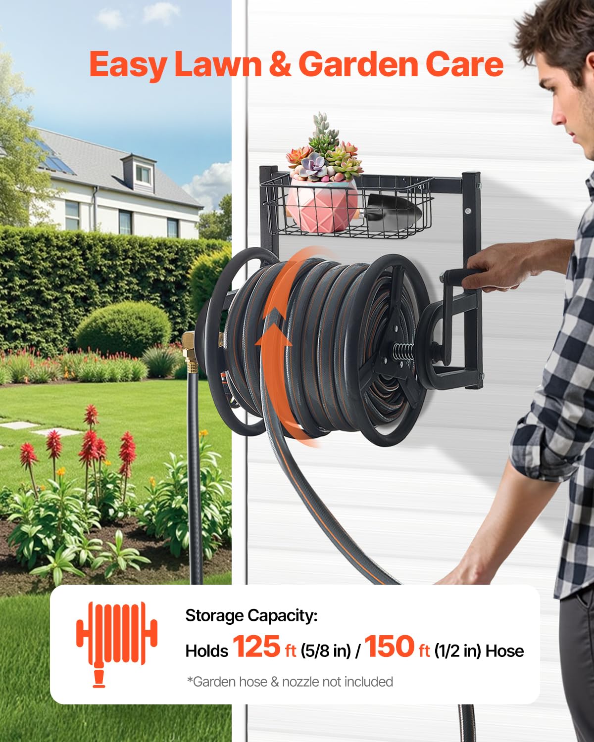 VEVOR Wall Mounted Garden Hose Reel, Holds 125 ft 5/8-inch Hose, Heavy-Duty Water Hose Winder, Space-Saving Design, Outdoor Manual Reel with Brass Fitting and Storage Basket for Yard Lawn VEVOR