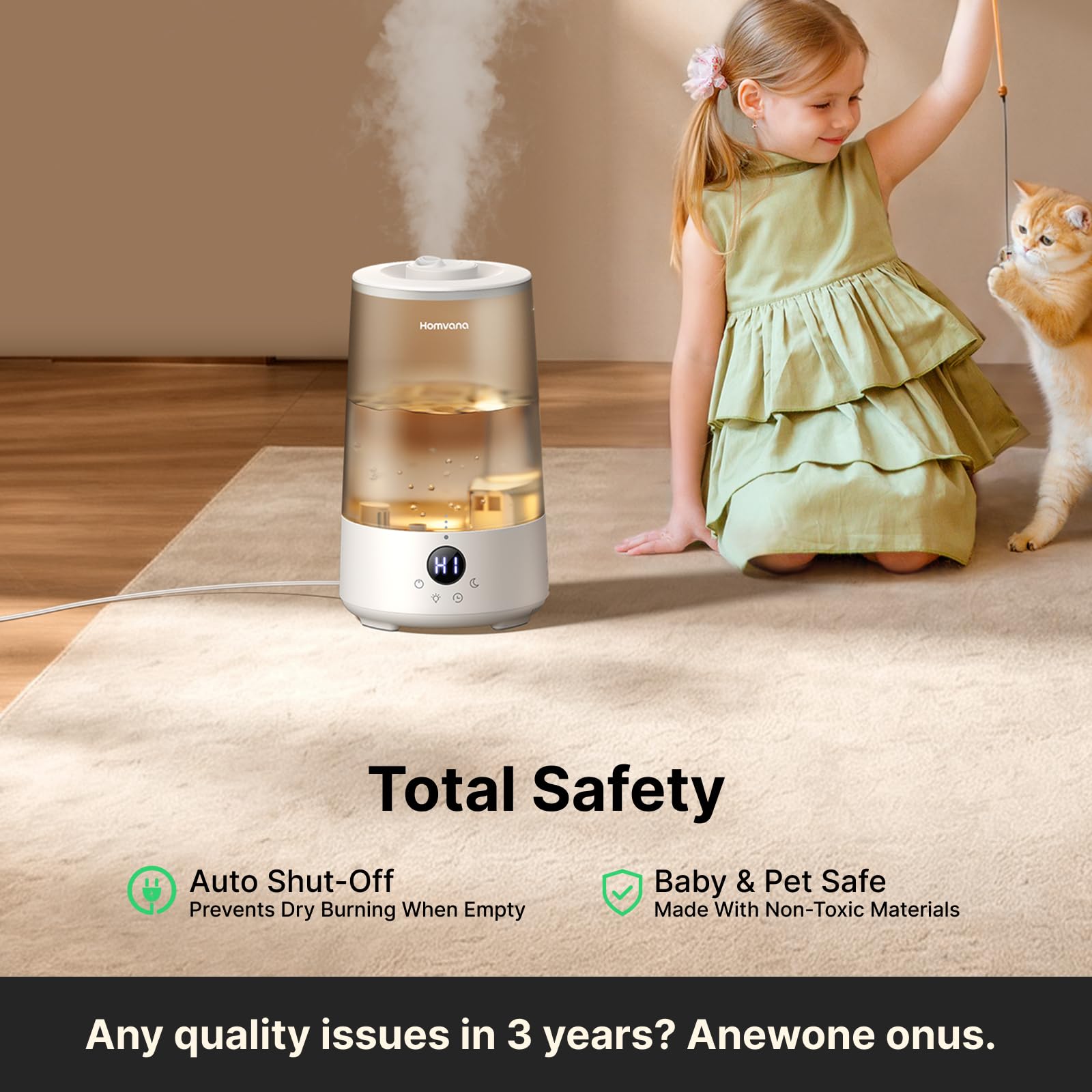 Homvana Humidifiers for Bedroom Home, 3.6 L Cool Mist Top-Fill 34H Super Long Time, Quiet 16dB, Baby Humidifier, Oil Diffuser Large, Plants, Nursery, Office BPA FREE, 7 Color Light (Grey)