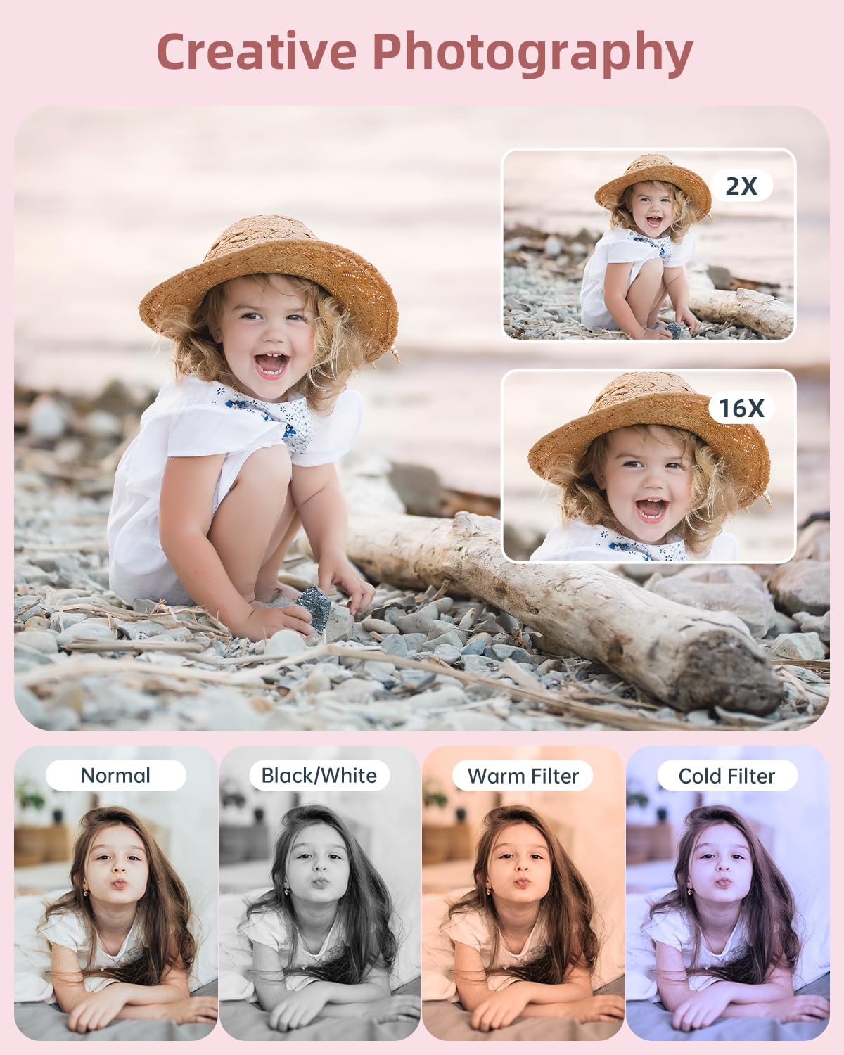 CAMKORY Digital Camera, Full HD 1080P Point and Shoot Camera, 44MP Kids Camera with 32GB Card, 16X Zoom, Pink - Available at All In One Marketplace Canada
