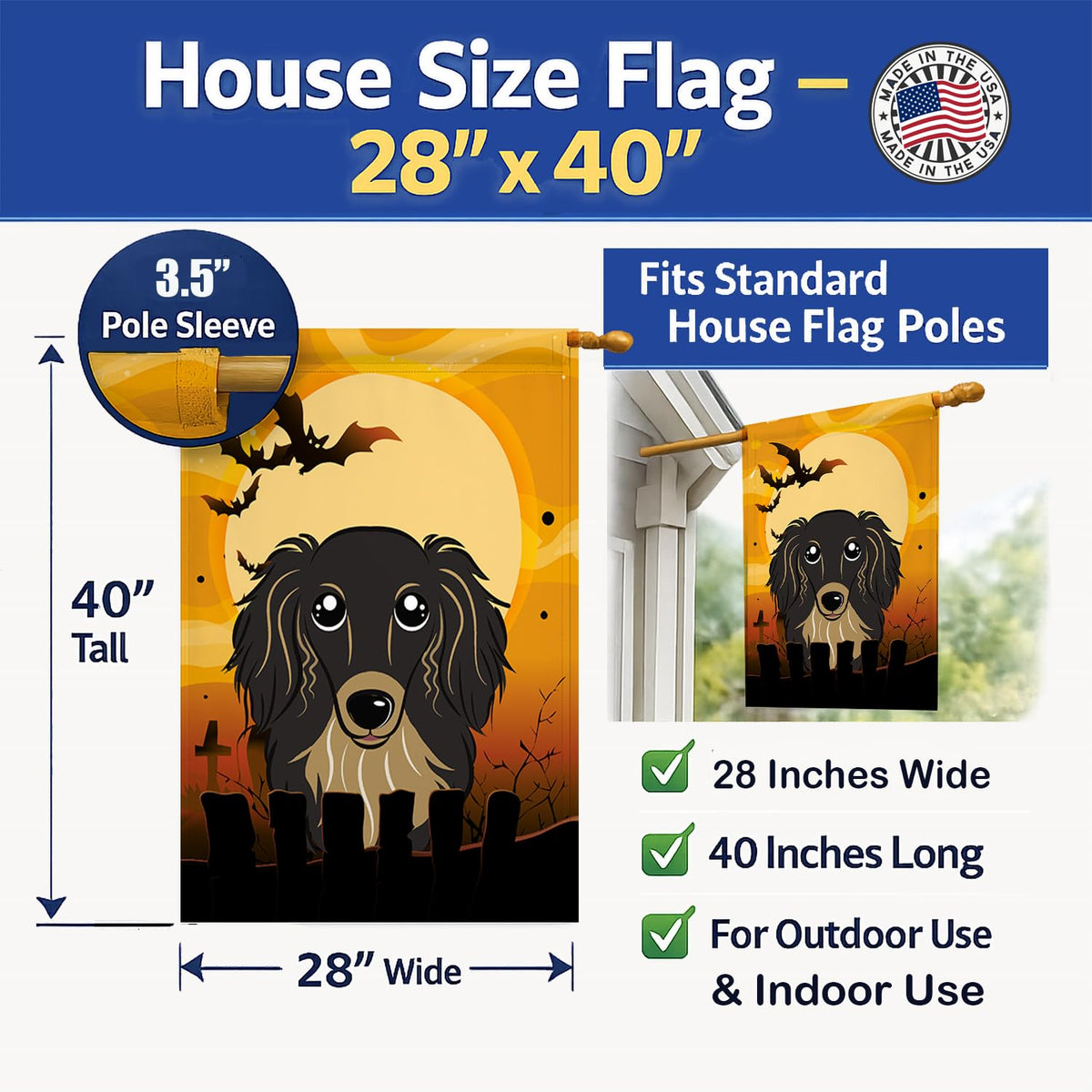 Caroline's Treasures BB1771CHF Halloween Longhair Black and Tan Dachshund Canvas House Size Flag