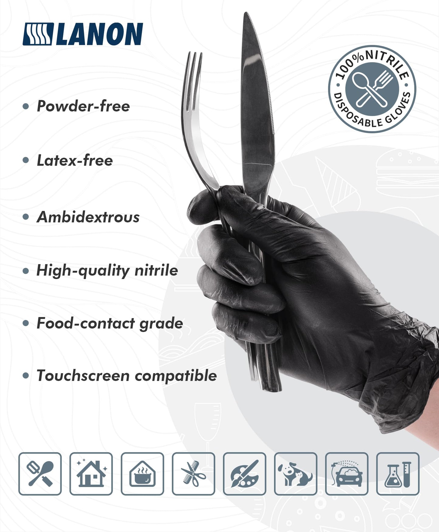 LANON Food Safe Disposable Black Nitrile Gloves, Latex-Free, Powder-Free, Silicone-Free, Textured Fingertips, Cooking, Large - Available at All In One Marketplace Canada