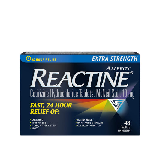 Reactine Extra Strength Antihistamine Tablets - 10mg Cetirizine Hydrochloride - 24 Hour Allergy Relief Medicine - 48 Count MADE IN CANADA