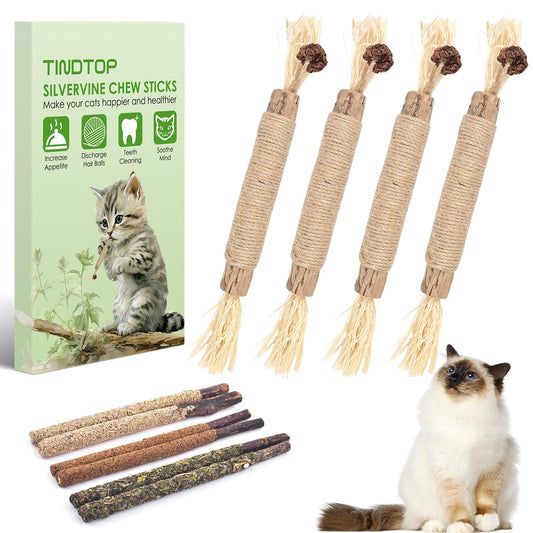 TINDTOP Silvervine Sticks for Cats, 10 Pack Natural Catnip Chew Toys for Kittens Teeth Cleaning, Matatabi Dental Care, Increase Appetite, Calm Cat Anxiety and Stress, Aggressive Chewers Cat Dental Toy