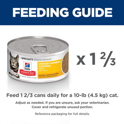 Hill's Science Diet Urinary Hairball Control, Adult 1-6, Urinary Track Health & Hairball Control Support, Wet Cat Food, Chicken Minced, 5.5 oz Can, Case of 24