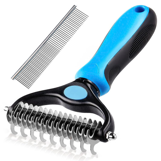 Dog and Cat Brush for Shedding and Dematting - Deshedding Undercoat Rake for Long Haired Dogs and Cats, Double Sided Pet Grooming Brush with Steel Comb, Blue