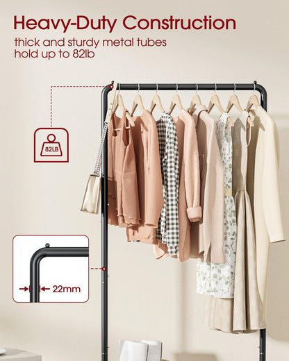 Sakugi Clothing Rack - Movable Multi-Functional Coat Rack with 4 Universal Wheels, Long-Lasting Metal Clothes Rack with Extra Storage Shelf for Bedroom, Office, Laundry(Black, 73W x 43.5D x 150H cm)