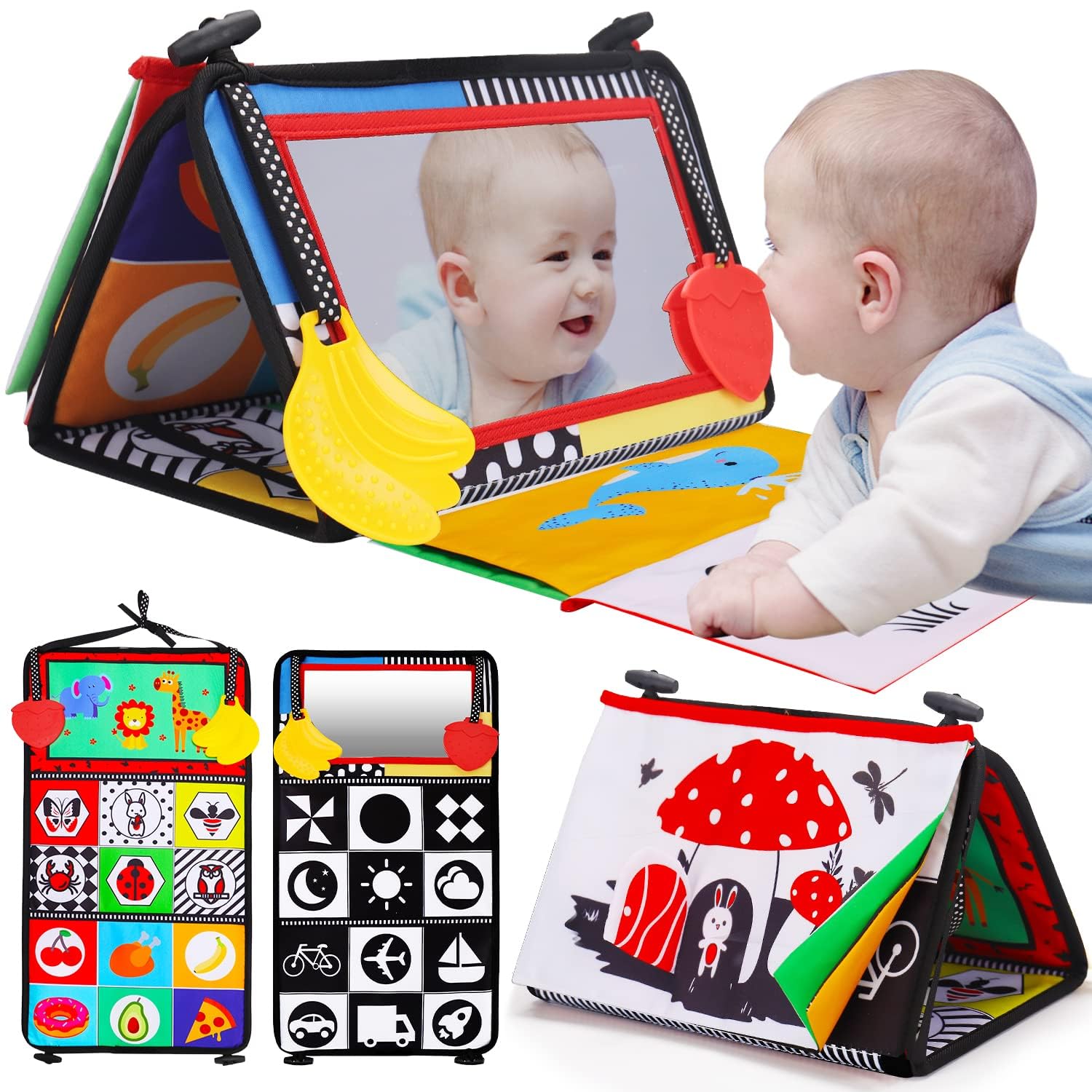 Tummy Time Baby Mirror Toy, Black and White High Contrast Baby Newborn Toys 3 6 12 Months, Montessori Crinkle Cloth Book Sensory Activity Development Gift for 0-6 Months Infant Boys Girls Easter Gift