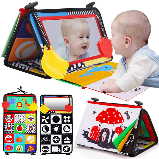 Tummy Time Baby Mirror Toy, Black and White High Contrast Baby Newborn Toys 3 6 12 Months, Montessori Crinkle Cloth Book Sensory Activity Development Gift for 0-6 Months Infant Boys Girls Easter Gift