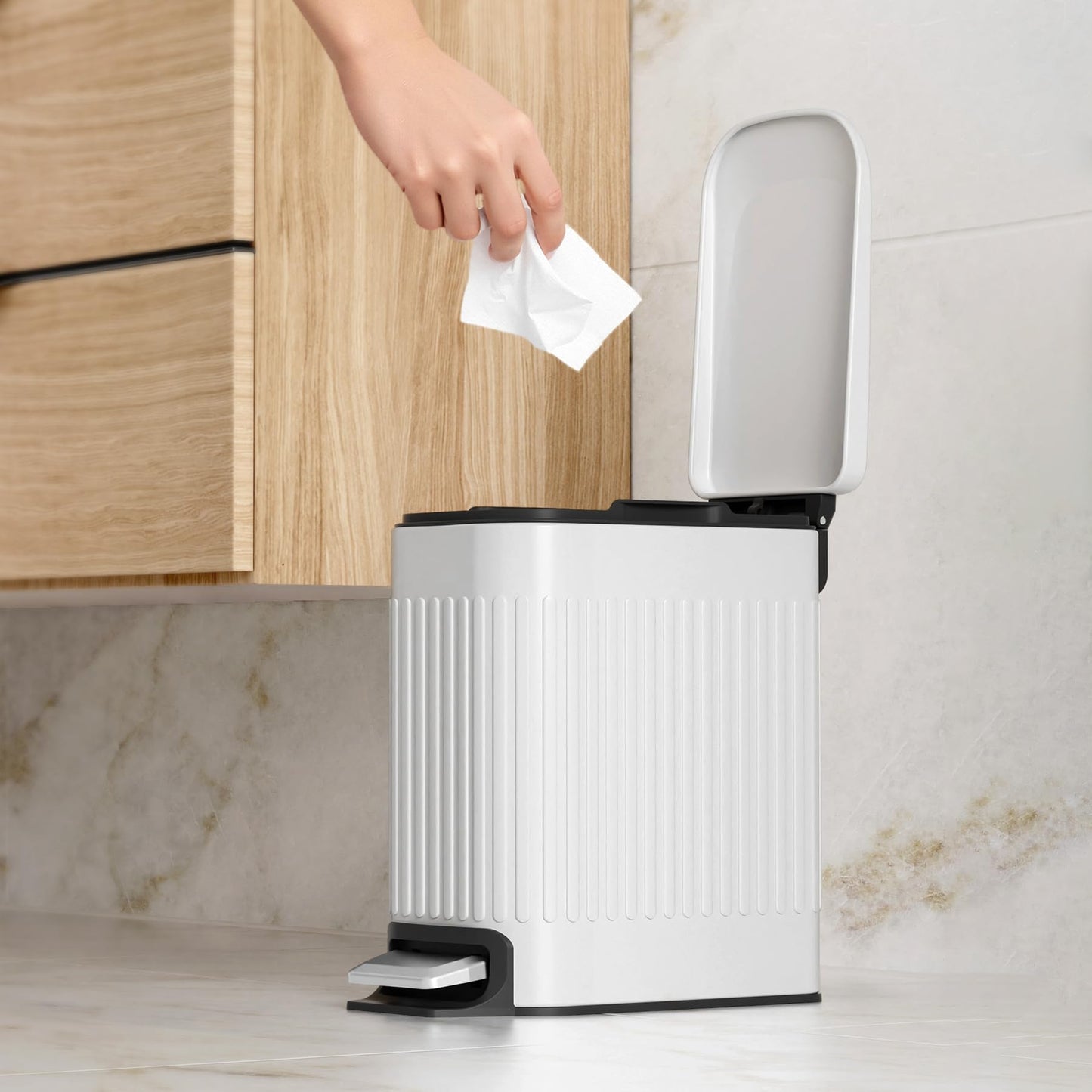 TrashAid Slim Bathroom Trash Can with Lid Soft Close, 6 Liter/1.6 Gallon Stainless Steel Small Garbage Can with Removable Inner Bucket, Step Pedal, Slim Wastebasket for Toilet, Office, Bedroom, White - Available at All In One Marketplace Canada