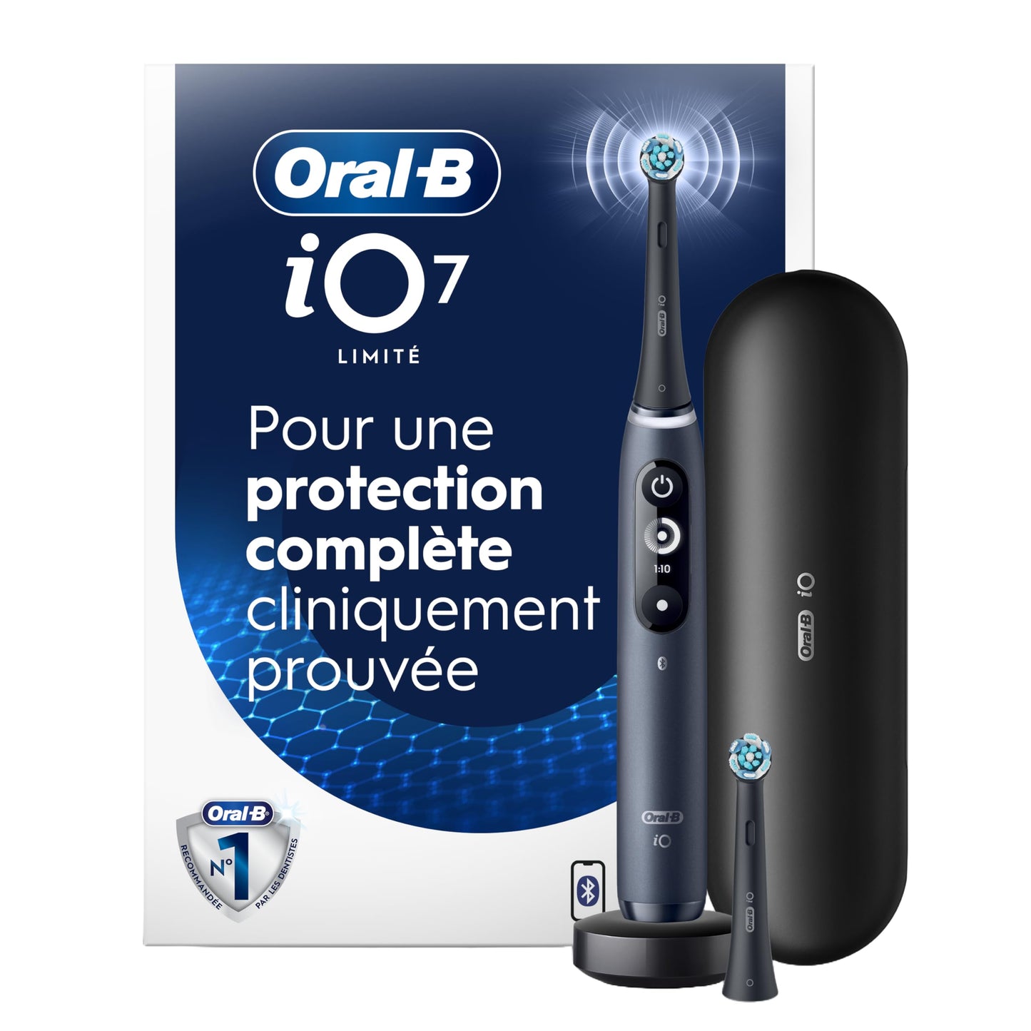 Oral-B iO Deep Clean + Protect Rechargeable Electric Toothbrush, Black with Visible Pressure Sensor, 5 Cleaning Settings, 2 Min Timer, a iO Series 7 Toothbrush, 2 Replacement Brush Heads, and Charging Travel Case - Available at All In One Marketplace Canada